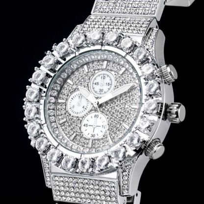 Iced Round Cut Moissanite Watch+3mm Tennis Bracelet Set in White Gold
