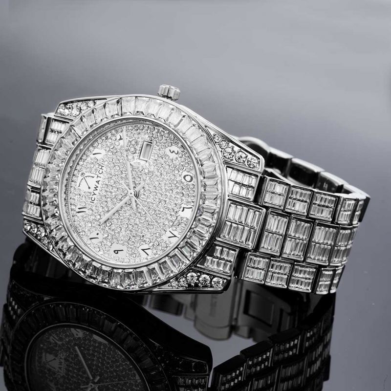 Full Iced Arabic Numerals Date Display Men's Watch in White Gold