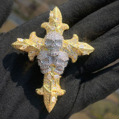 Moissanite Hip Hop Skull Rose Cross Pendant