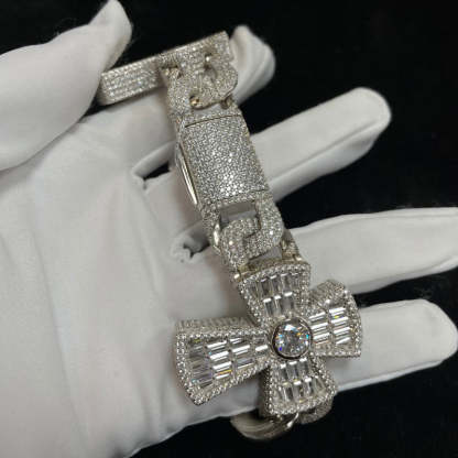 Moissanite Baguette Cross Cuban Bracelet