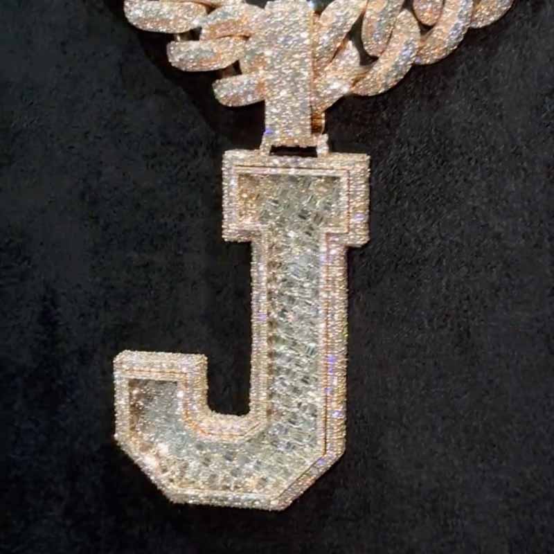 Moissanite Letter J Pendant Cuban Chain Set