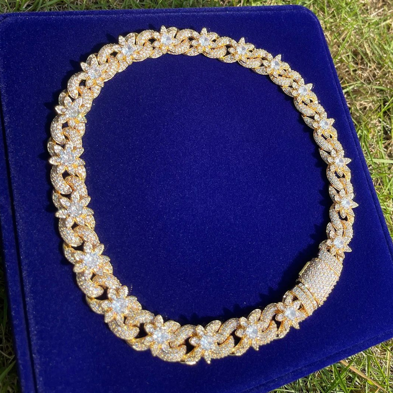 15mm Moissanite Hip Hop Diamond Flowers Sparkle Cuban Chain