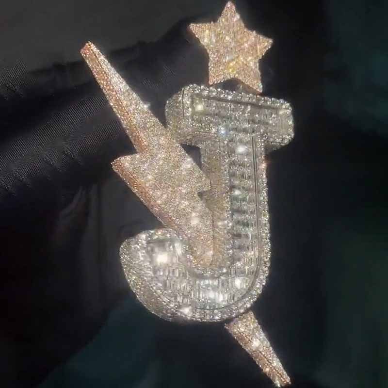 Moissanite Hip Hop 3D Star Lightning Letter "J" Pendant