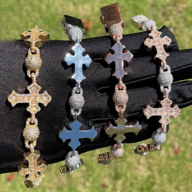 Moissanite Hip Hop Round Bead Cross Bracelet