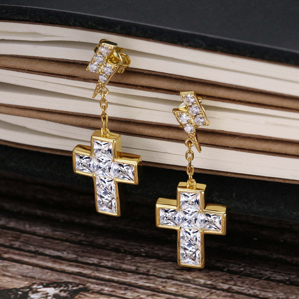 Diamond Stud Earrings for Men with Gold Cross in 14K Gold