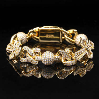 Iced Out Moissanite Cross & Round Ball Bracelet