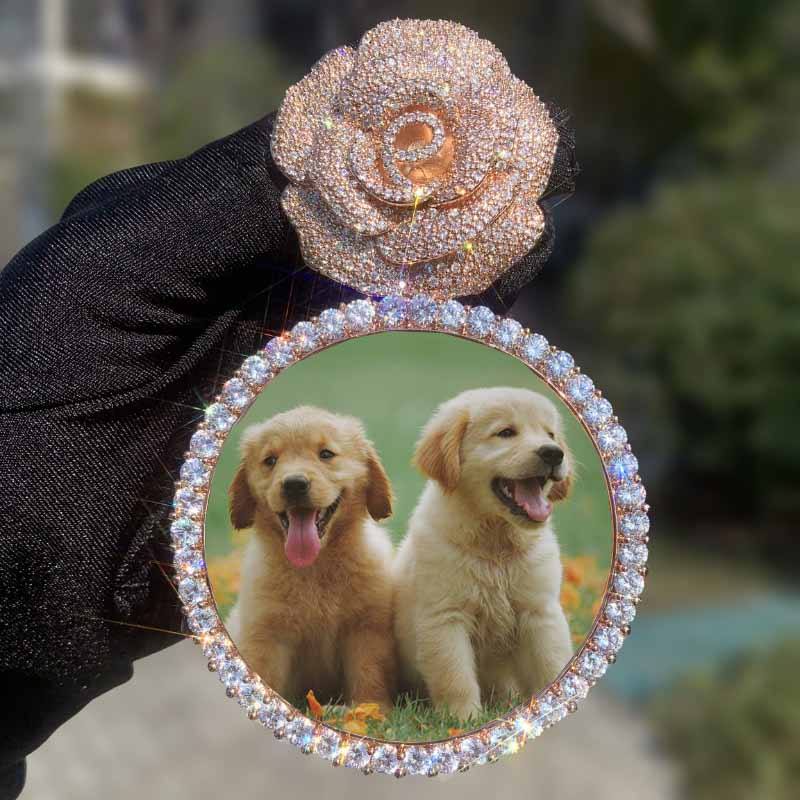 Moissanite Rose Flower Large Disc Customized Photo Pendant