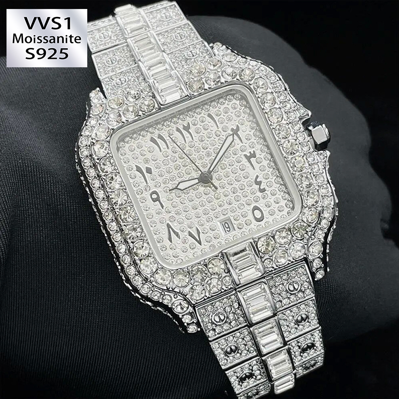 Square Moissanite Unique Arabic Numerals Watch  Setting