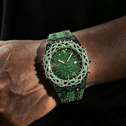 Moissanite Iced Out Green Thorn Crown Watch