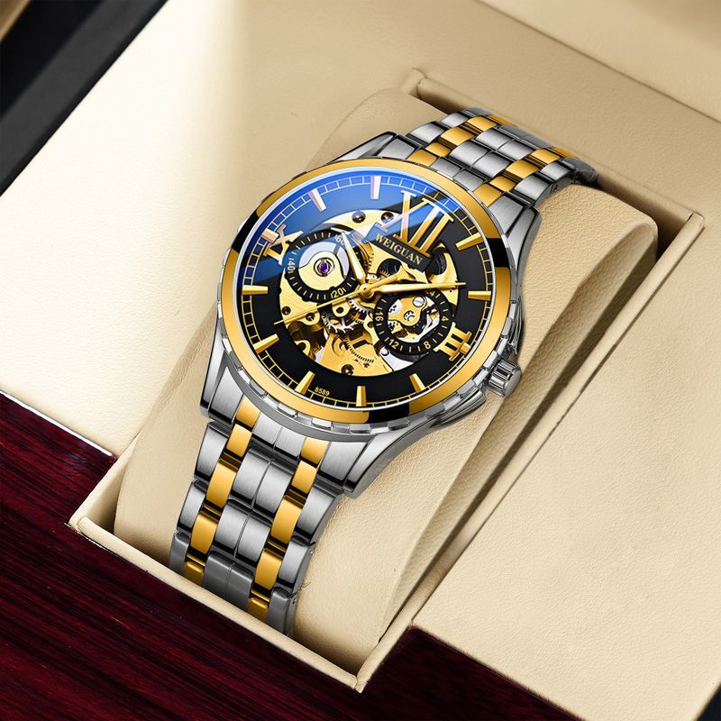 Skeleton Luminous Automatic Mechanical Men's Watch with Steel Strap