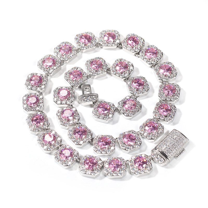 12mm Pink Clustered Moissanite Tennis Chain in White Gold