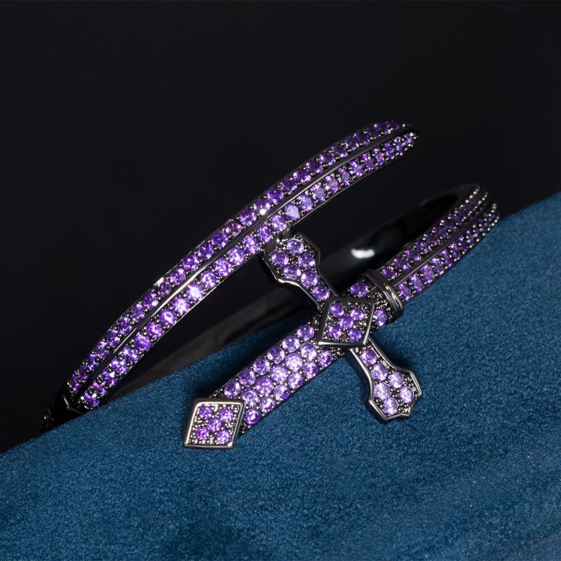 Iced Purple Moissanite Sword Bangle Bracelet in Black Gold