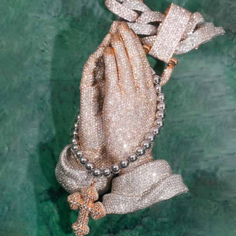 New Moissanite Praying Hands Cross Pendant