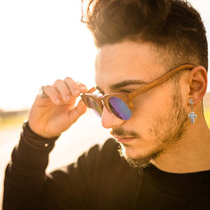 Diamond Stud Earrings for Men with Gold Cross in 14K Gold