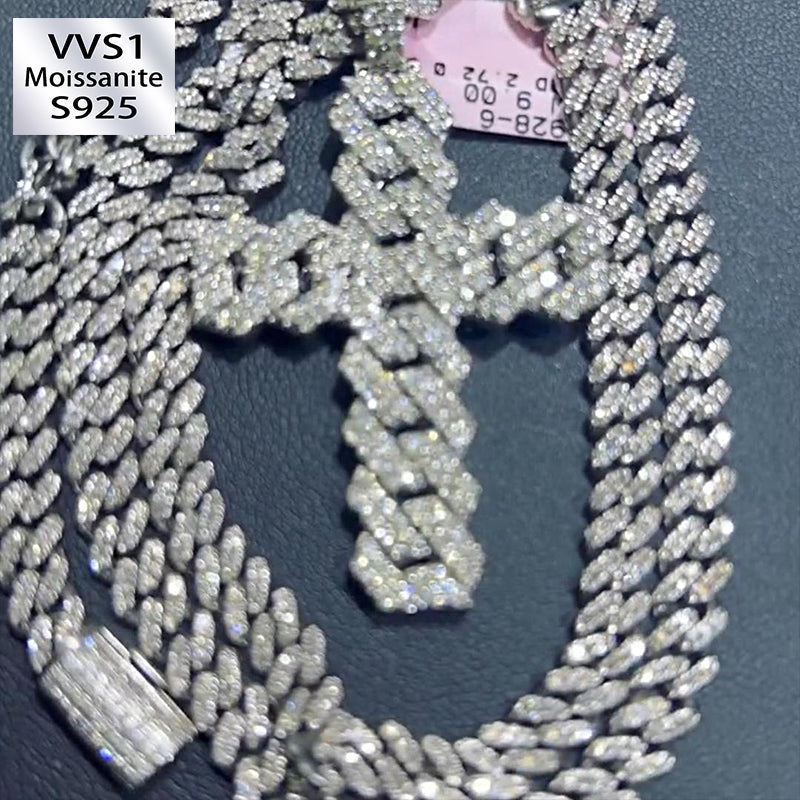 Ice Out Moissanite Cross Cuban Pendant Cuban Chain Set