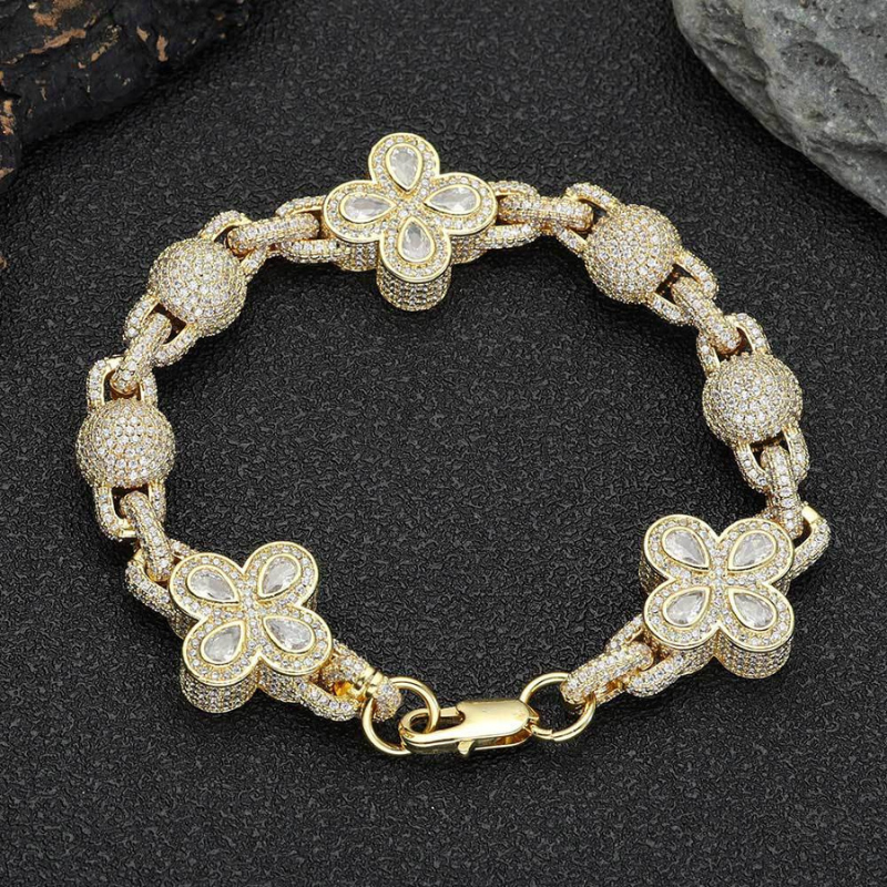 Moissanite Hip Hop Bubble Beads Four-Leaf Clover Bracelet