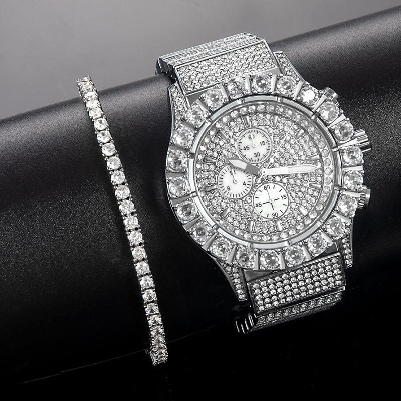 Iced Round Cut Moissanite Watch+3mm Tennis Bracelet Set in White Gold