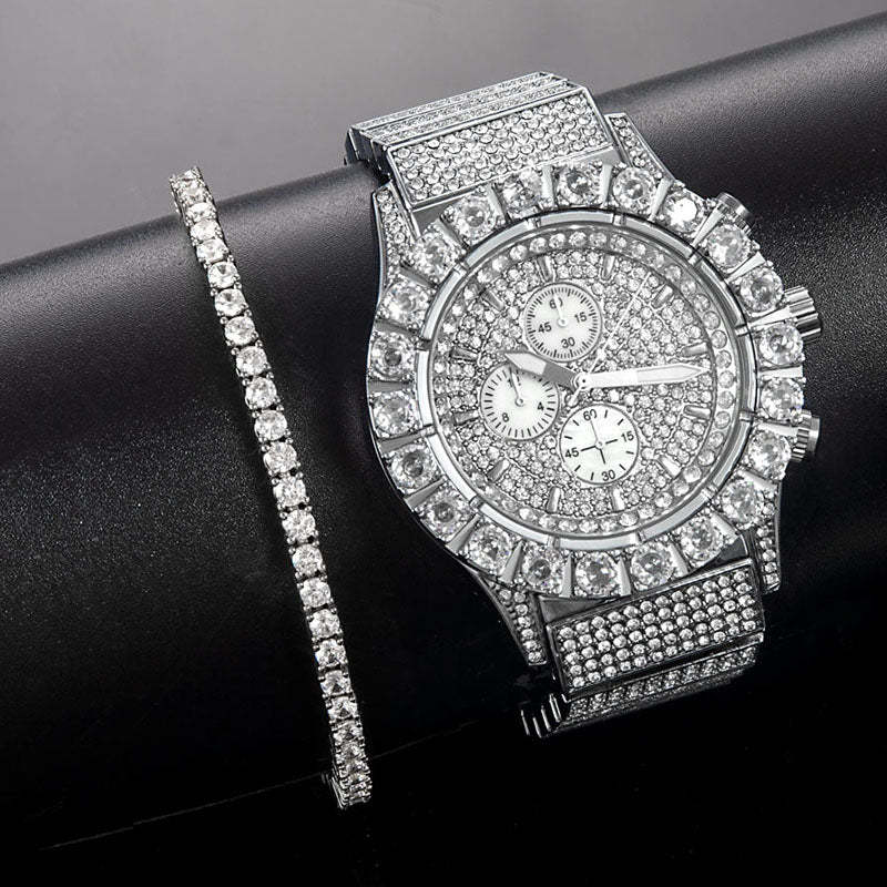 Iced Round Cut Moissanite Watch+3mm Tennis Bracelet Set in White Gold