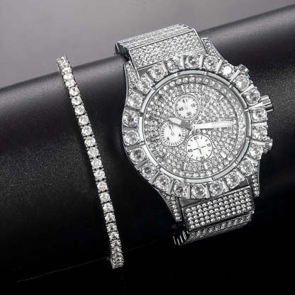 Iced Round Cut Moissanite Watch+3mm Tennis Bracelet Set in White Gold