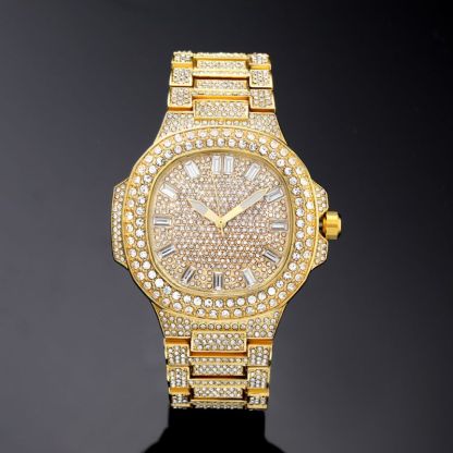 Iced Porthole Shape Luminous Watch in Gold