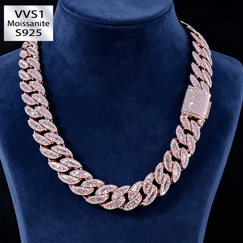 18mm VVS Moissanite Baguette Round Cut  Cuban Chain