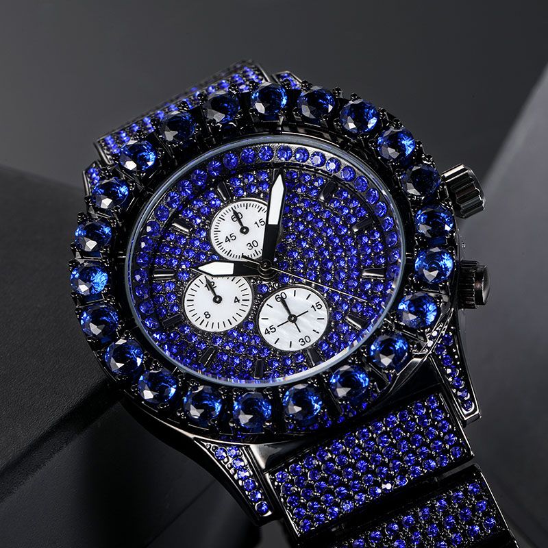 Iced Sapphire Round Cut Luminous Men's Watch in Black Gold