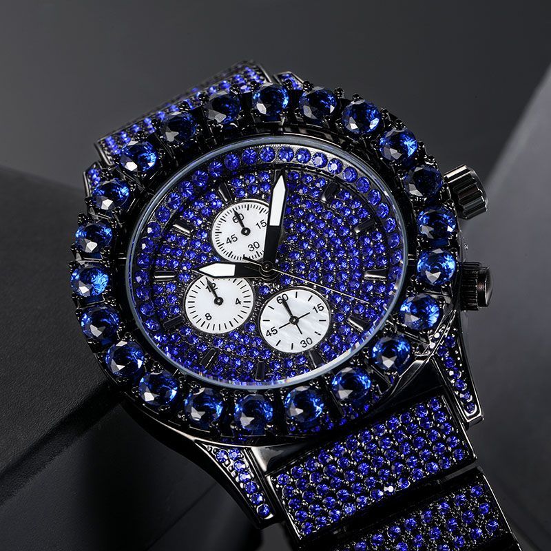 Iced Sapphire Round Cut Luminous Men's Watch in Black Gold