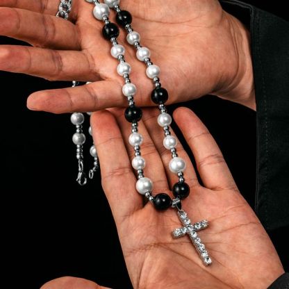 White and Black Pearl Necklace with Tennis Cross