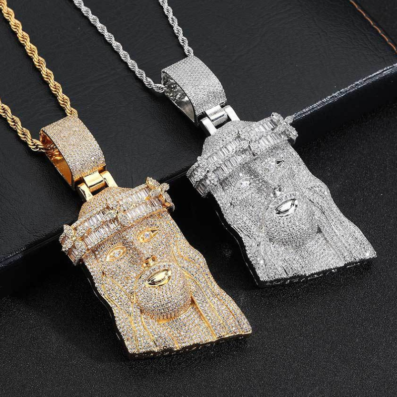 Moissanite Square Diamond Four-leaf Clover Head Decorated with Jesus Pendant