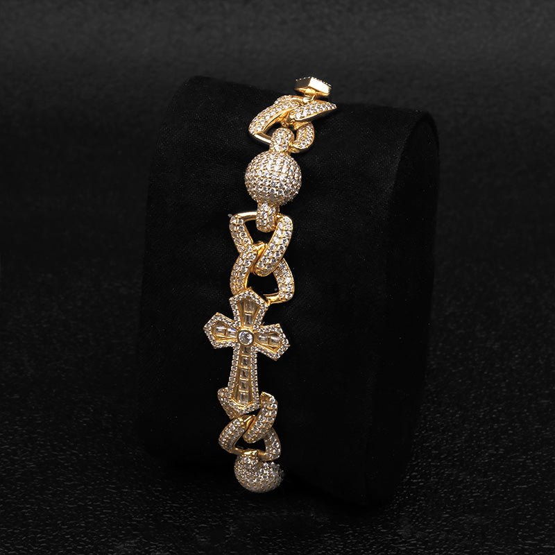 Iced Out Moissanite Cross & Round Ball Bracelet