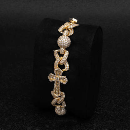 Iced Out Moissanite Cross & Round Ball Bracelet