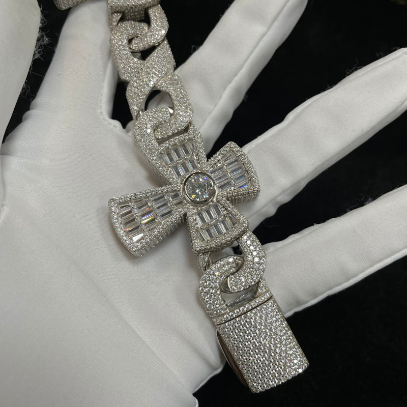 Moissanite Baguette Cross Cuban Bracelet