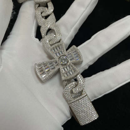 Moissanite Baguette Cross Cuban Bracelet