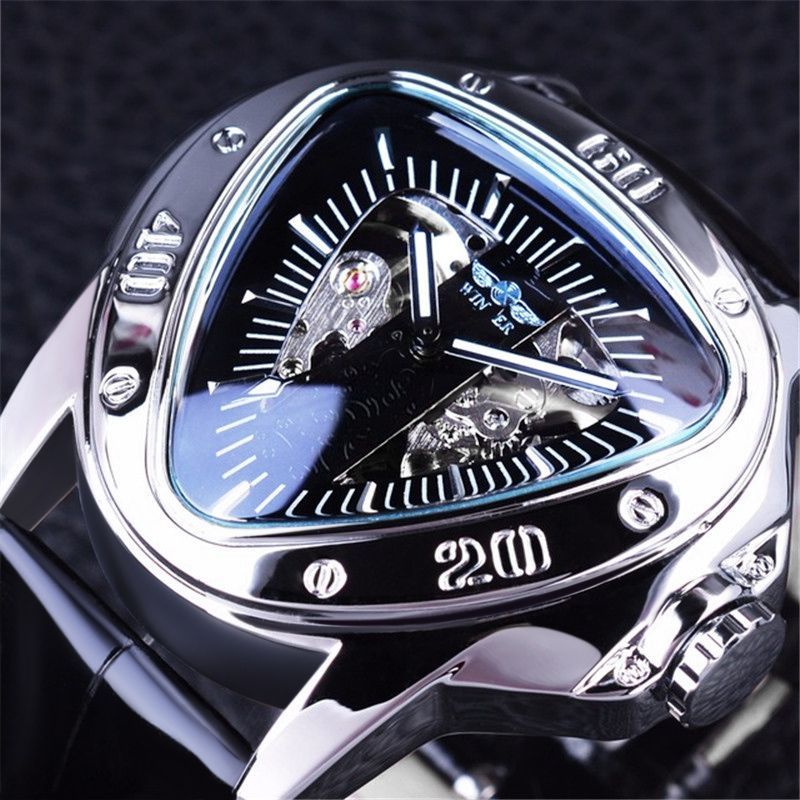 Triangle Skeleton Mechanical Watch with Black Leather Strap