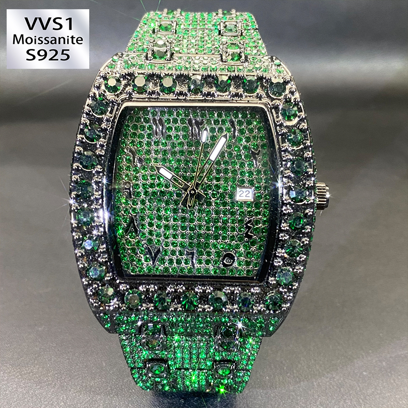Green Moissanite and Full Rhinestone Barrel-Shaped Watch