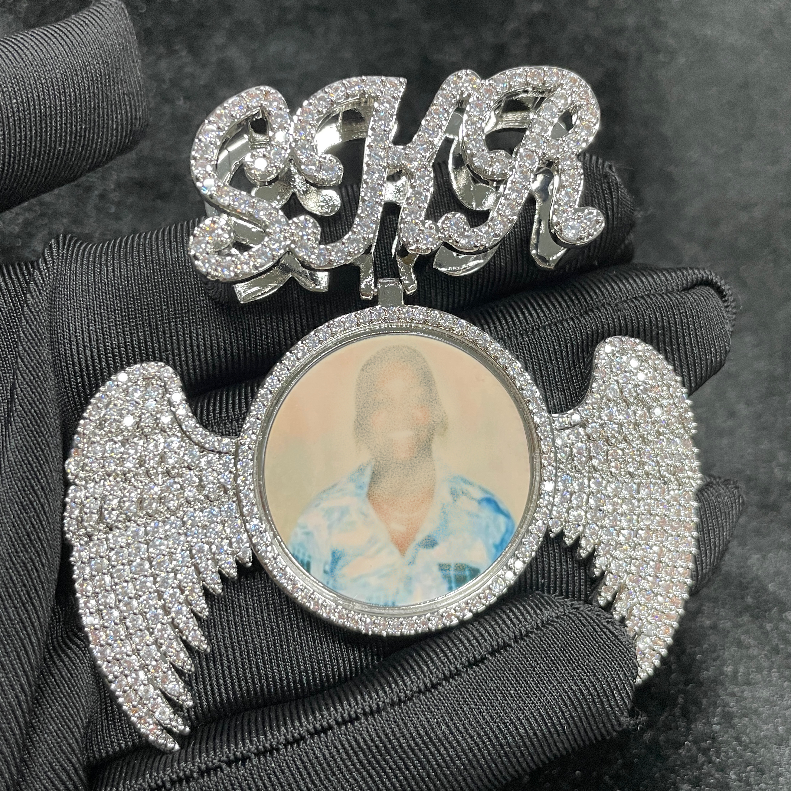 Moissanite Art Letter Buttons can be Customized Photo Wings Round Pendant