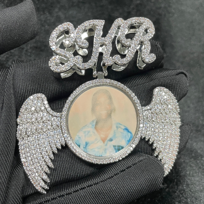 Moissanite Art Letter Buttons can be Customized Photo Wings Round Pendant