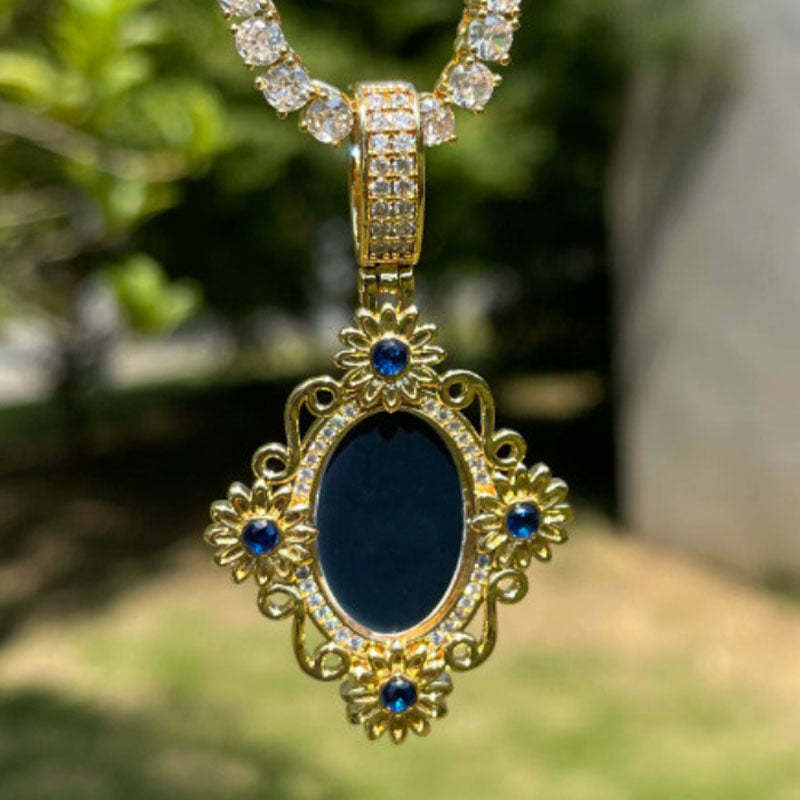 Moissanite Classical Flower Custom Photo Oval Pendant