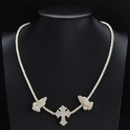 3.5mm Moissanite Cross Praying Hands Tennis Chain