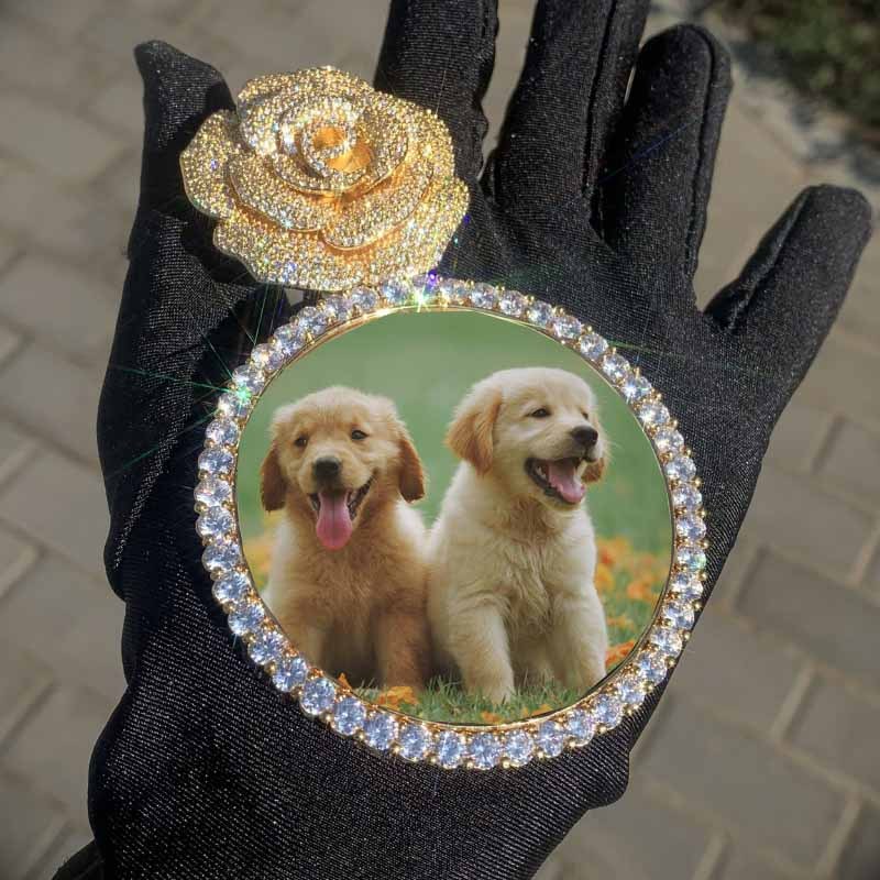 Moissanite Rose Flower Large Disc Customized Photo Pendant
