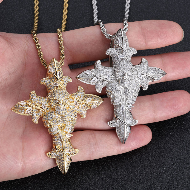 Moissanite Hip Hop Skull Rose Cross Pendant