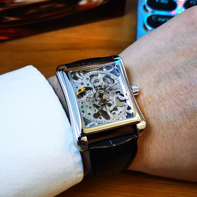 Skeleton Mechanical Tonneau Watch with Leather Strap