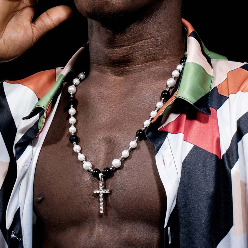 White and Black Pearl Necklace with Tennis Cross