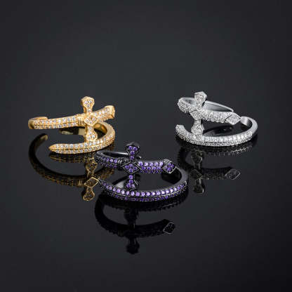 Iced Moissanite Sword Open Ring - Purple/White