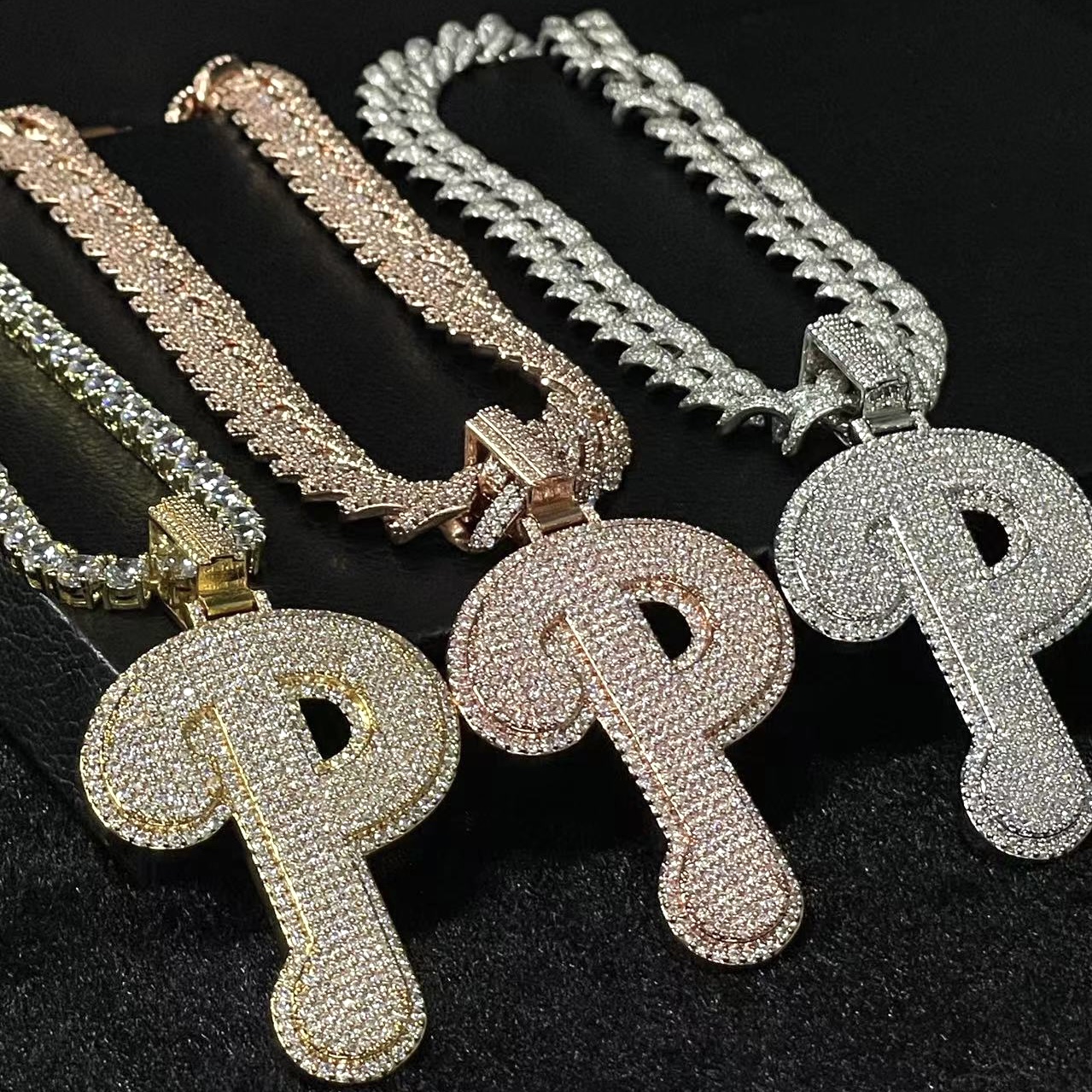 Moissanite Sparkle Letter "P" Full Diamond Pendant Chain Set