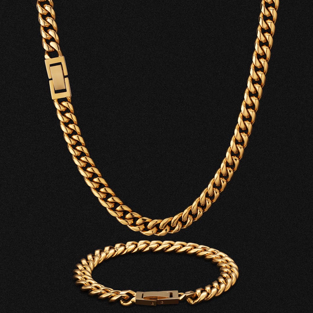 8mm Miami Cuban Link Chain and Bracelet Set 18K Gold Plated-KRKC&CO