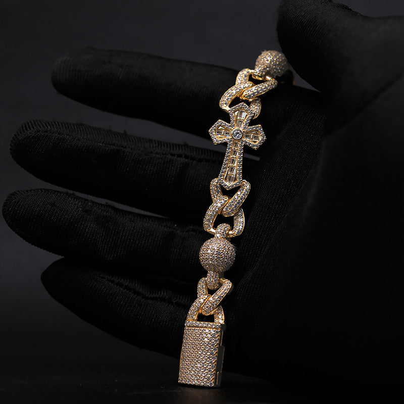 Iced Out Moissanite Cross & Round Ball Bracelet