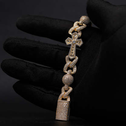 Iced Out Moissanite Cross & Round Ball Bracelet