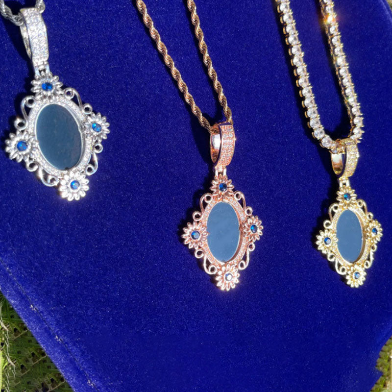 Moissanite Classical Flower Custom Photo Oval Pendant