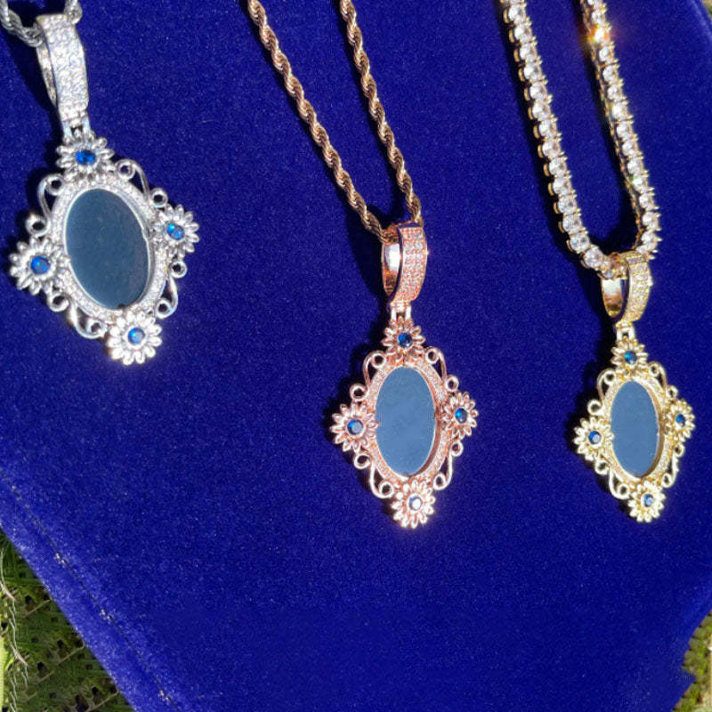 Moissanite Classical Flower Custom Photo Oval Pendant